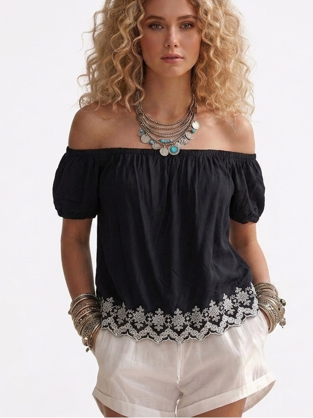 Old Navy Black Off Shoulder Top With White Floral Eyelet Embroidery Trim XL